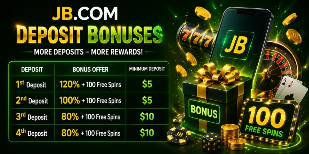JB.COM deposit bonus table with welcome offers and free spins.