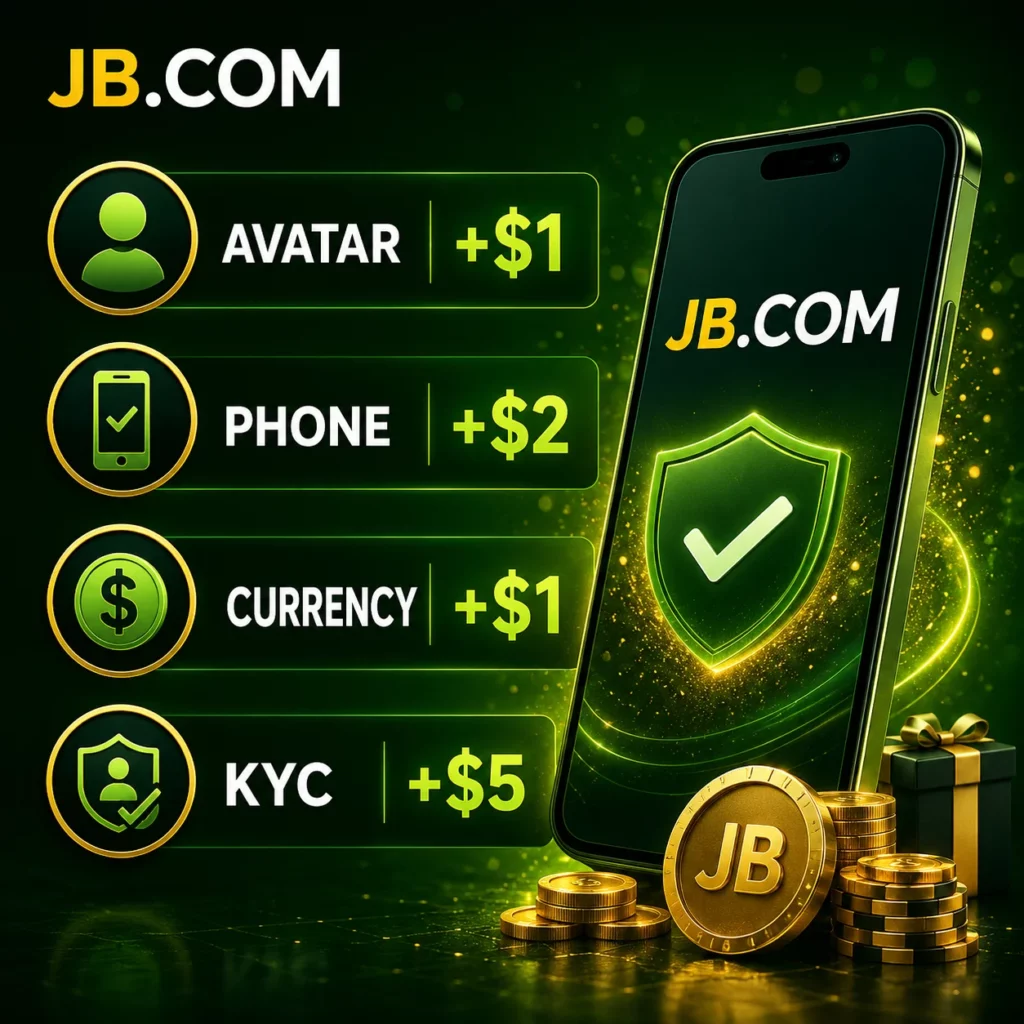 JB.COM reward tasks with avatar, phone verification and KYC bonuses.